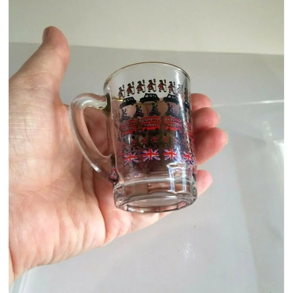 Vintage London Double Shot Glass with Handle Gold trim Double Decker Bus Flag +